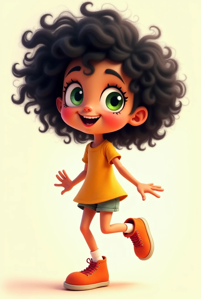 Cartoon girl with full body and legs and feet, black hair, crespo, green eyes