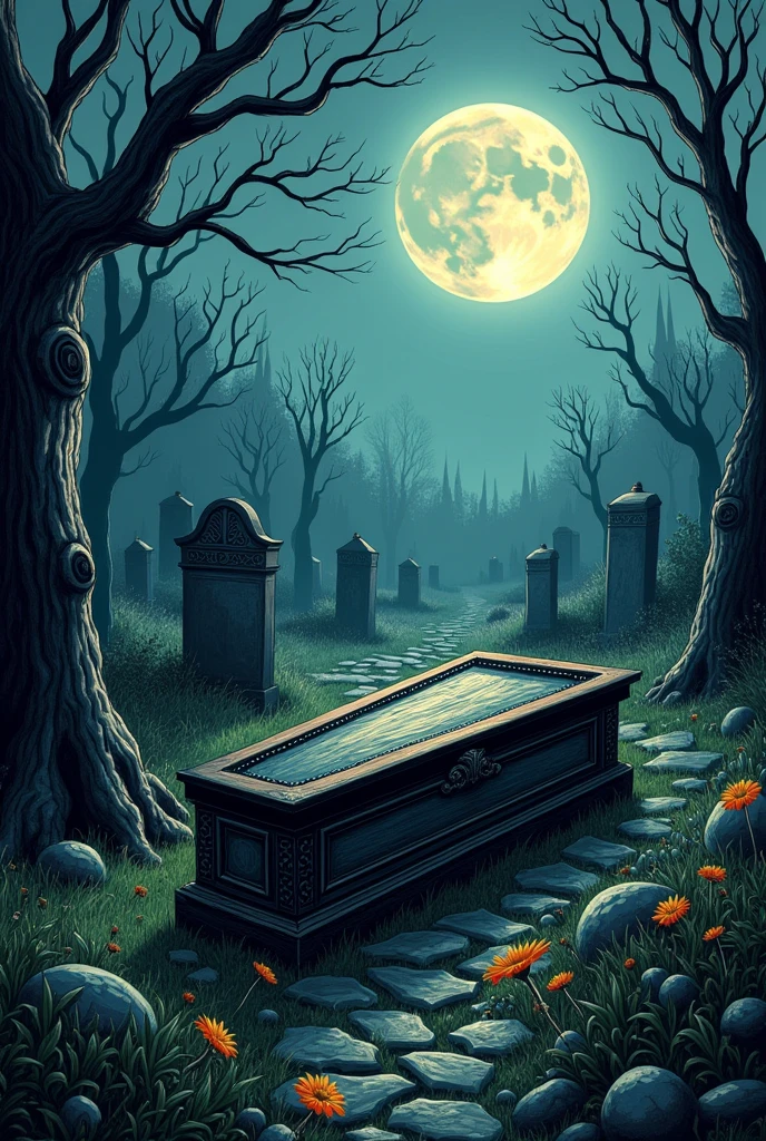 A Tim Burton style drawing of a coffin in a Tim Burton style gothic graveyard