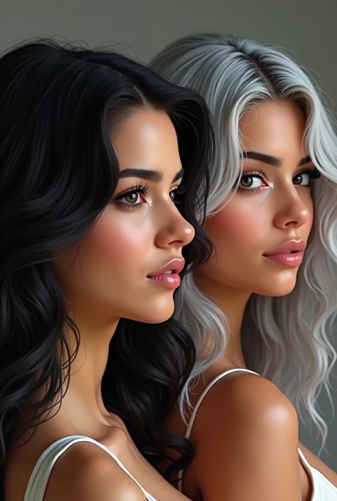 A beautifully contrasted portrait captures the evolution of Selena Gomez over the years: on the left, a vibrant black haired 25-year-old with lush black hair, and on the right, a striking older gray haired 50-year-old with gray hair. This digital artwork showcases the side profiles of both ages in a close-up layout, highlighting the differences and similarities between youth and maturity. The attention to detail is impeccable, from the fine lines on her face to the subtle changes in her expression. The overall effect is both poignant and visually stunning, making this piece a true work of art.