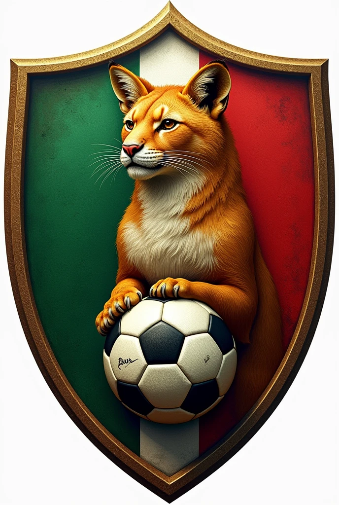 Make a soccer shield with the name of Pumas f.c integrates a world cup ball and a green and red flag and the realistic animal, don&#39;t forget the name f.c 

