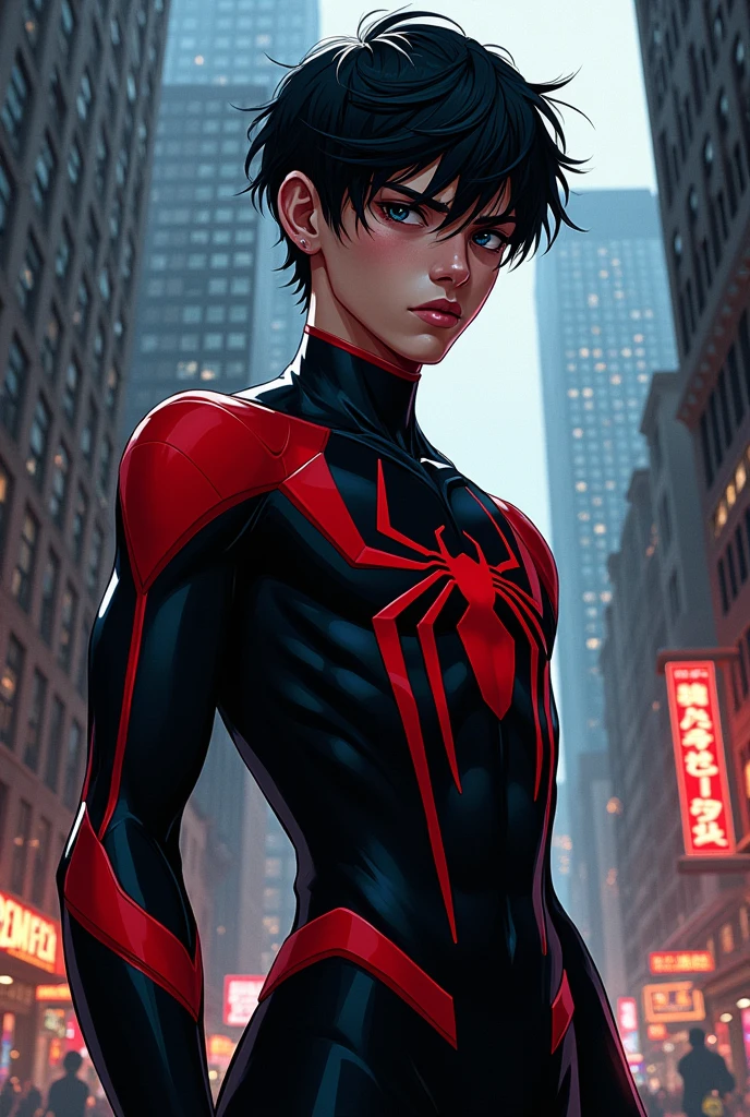 Marvel Comic Panel Drawing: A black-eyed boy with short black hair with piercings and a black and red spiderman suit in a city with a stare 