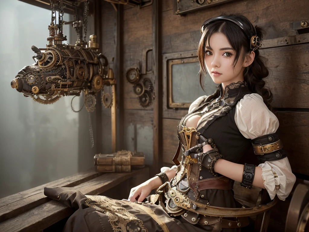 16K, RAW Photos, Highest quality, High resolution, Absurd), High resolutionRAWカラー写真, Professional photography, Paper Cut, (Layered silhouette:1.2), Complex patterns, Delicate craftsmanship, Shadow play, Depth and Dimension, Creative Expression, (Realistic, Photorealistic:1.37), (1 girl, Locomotive background), Toned Up, Cinematic Light, bloom, burn, (Detailed painted face:1.2), (masterpiece:1.5), ((Highest quality, 8k, Tabletop: 1.3)), sharp: 1.2, Perfect Body Beauty: 1.4, Slim Abs: 1.2, ((Layered Hairstyles, Small breasts: 1.2)), (((steampunkの衣装を着て写真を撮る女性, steampunkな衣装を着て, steampunkファンタジー style, (steampunk), ( steampunk ), steampunkの美しい女神, steampunkな美しいリアルな女性, steampunk Girl, steampunk style, steampunkファンタジー, steampunk, steampunkな発明家の女の子, ゴールデンsteampunk, steampunkの世界を舞台にした, 鮮やかなsteampunkのコンセプト,Monochrome))), Highly detailed face and skin texture, Detailed eyes, double eyelid, Long brown hair, Hands Behind Back, ,Sitting in a chair,Backwards ((Very long skirt)),((goggles,Wearing lace))
