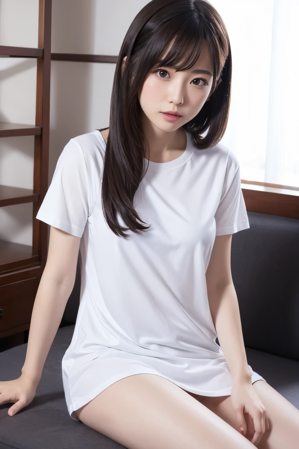 In underwear、Wearing a T-shirt dress、Transparent white skin、G Cup、Japanese women、Sitting