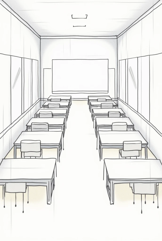 Drawing of a classroom made entirely of geometric figures that is symmetrical and has unity, that looks more like a drawing