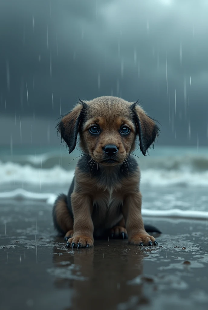 Sad and wet puppy on the seashore 
