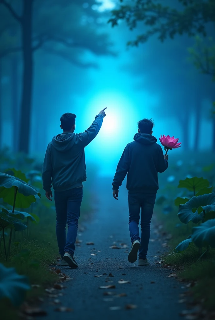 Two perfect young MEN walking forward on a path, one friend holding a bunch of lotus flowers in one hand and pointing the other towards a light, the other friend is pointing towards a bright blue light in the distance, a scene of light in the distance, realistic picture, attractive pic