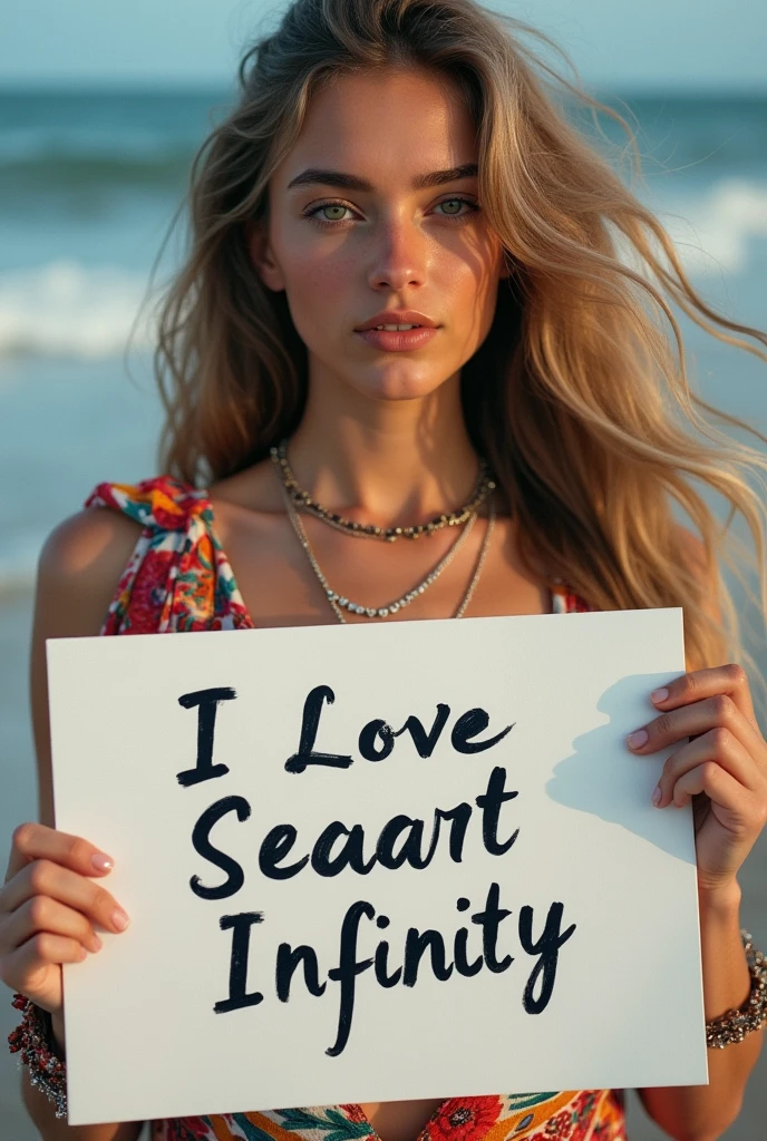Beautiful girl with wavy long hair, bohemian dress, holding a white board with text "I Love Seaart Infinity" and showing it to the viewer