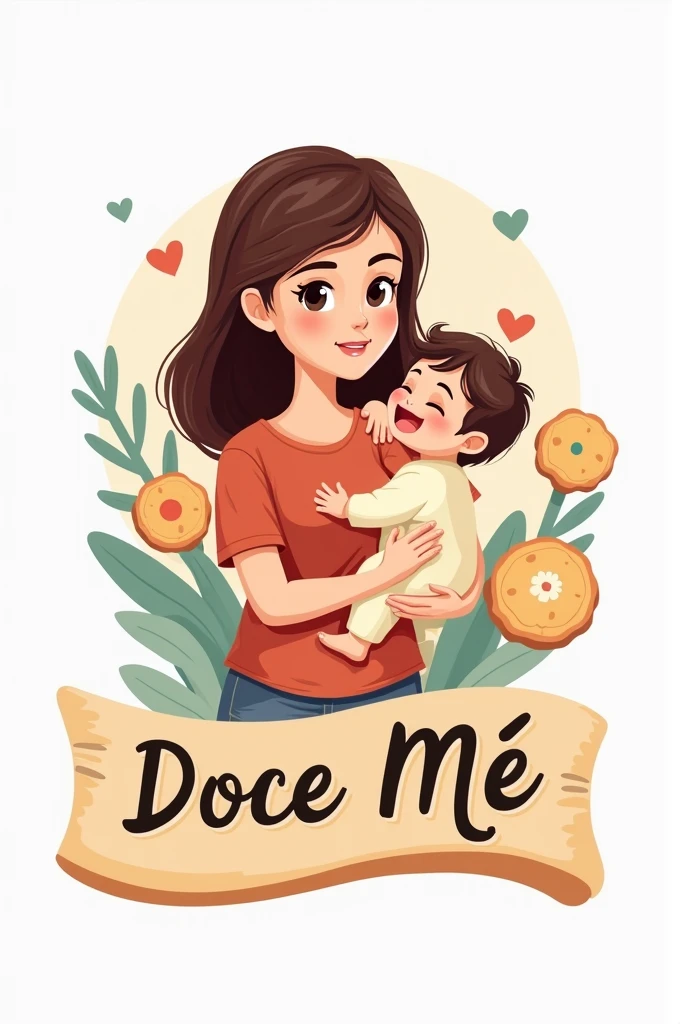 Logo with cookies and a young mother with a baby in her arms written in Portuguese Doce Mãe
