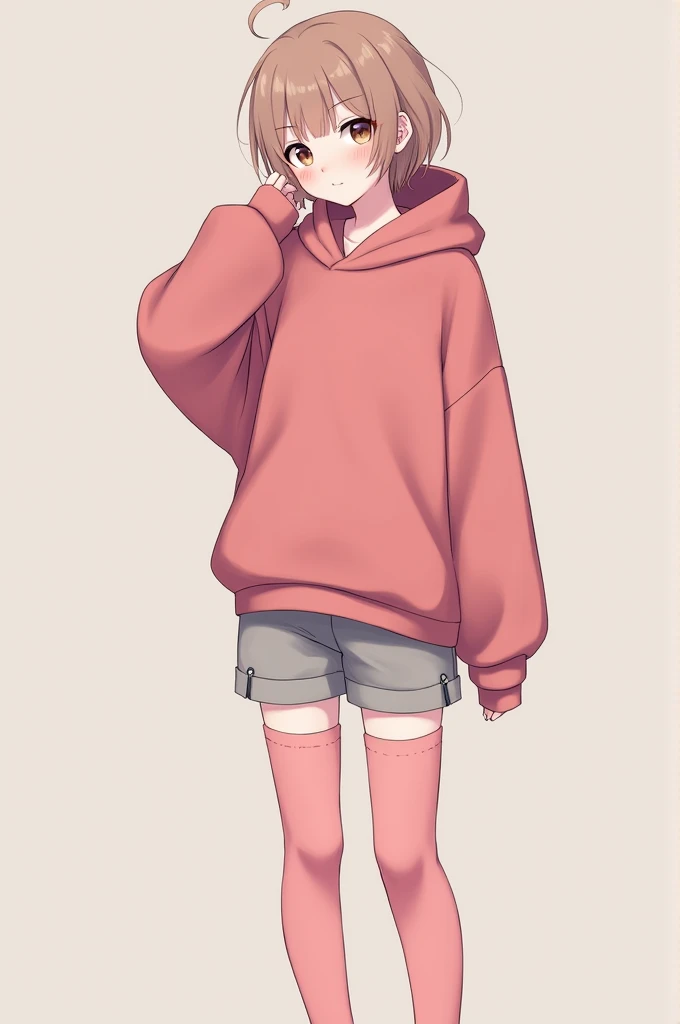 A femboy wearing pink thigh highs, a pastel red oversized hoodie and gray booty shorts with a really small amount of makeup, his hair even tho short he had styled it in a way which made it look girly
