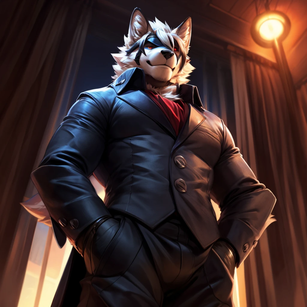 Von Lycaon, Male, Solo, Eye Patch, Hands on Hips, Wolf Tail, Well-groomed fur, Avoid Eye Contact, Fancy Motel Background, Handsome Face, Sexy, Daddy, Fancy Clothes, Detailed eyes, Red eyes, Smile, Pointy Wolf Ears, (Depth of Field, Vibrant Colors, dramatic Lighting, Natural Textures, Wide Angle Lens, Low Angle Close Front Shot), ( by null-ghost, by darkgem, by snartles), 