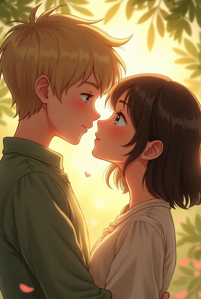 I want a cover for my book where there is a young Asian boy with blond hair kissing a young girl with light brown hair.