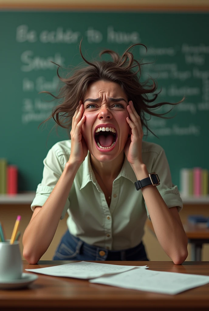 Disheveled female teacher freaking out in the classroom.