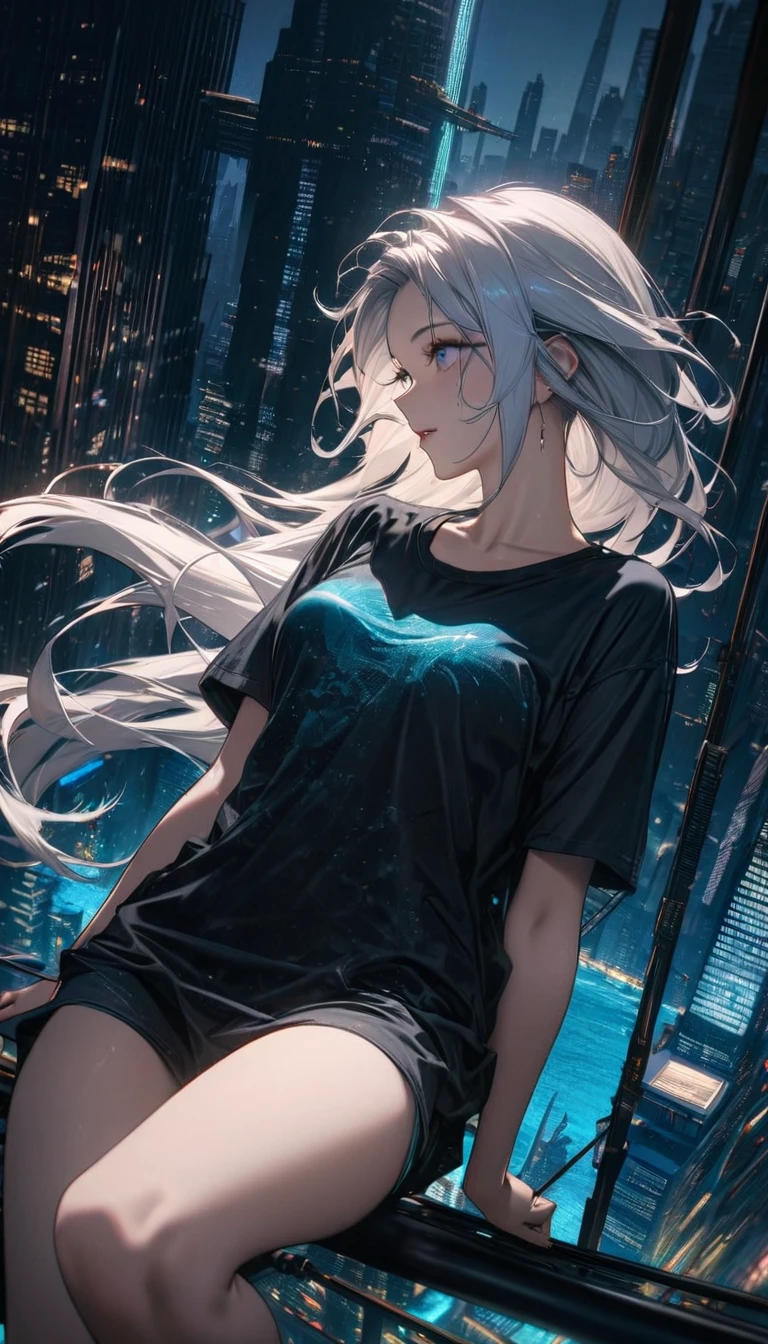 High resolution, Highest quality, high resolution, Super Fine, 16K, Incredibly absurd, Very detailed, Beautiful woman sitting on a trapeze suspended between two skyscrapers, Gazing into the distance, Wear a loose long T-shirt, Captivating look, Wind, Wind-effect, moonlit ocean, (Nice views:1.1) , Clockpunk