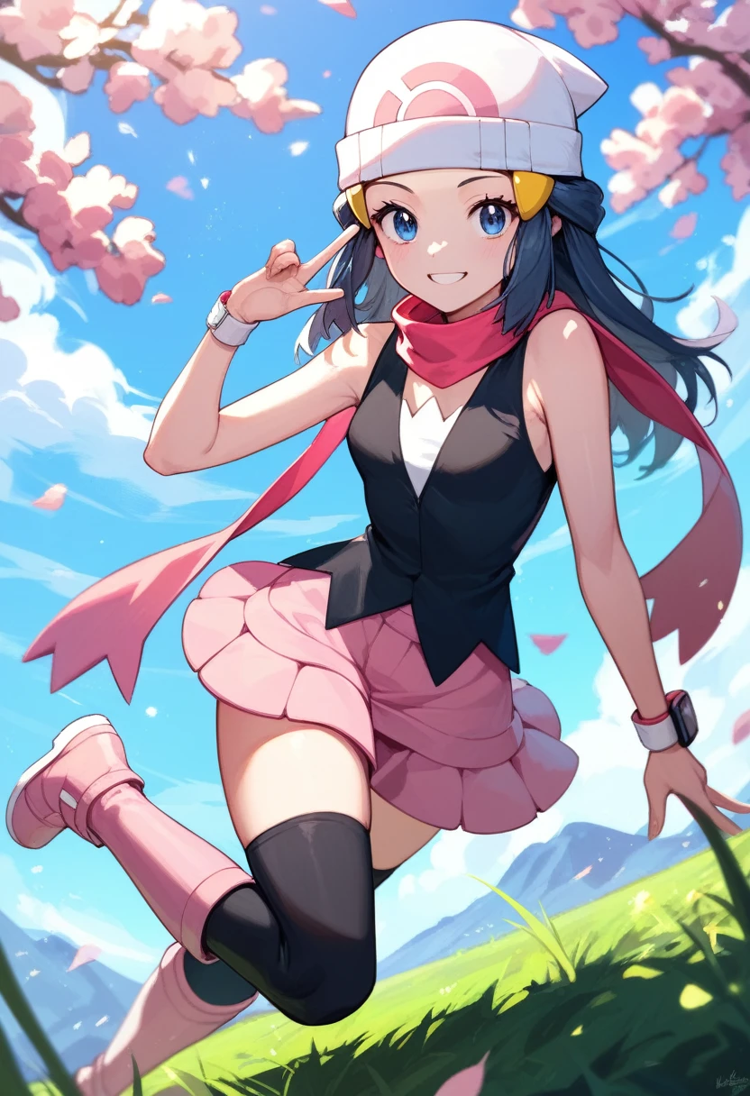 masterpiece, Best Quality, 1 girl, dawn \(Pokémon\), cap, by the wide, For the blue, blue eyes, Black sleeveless shirt, pink scarf, pink skirt, pink boots, smile, looking at the viewer, field background,sexy