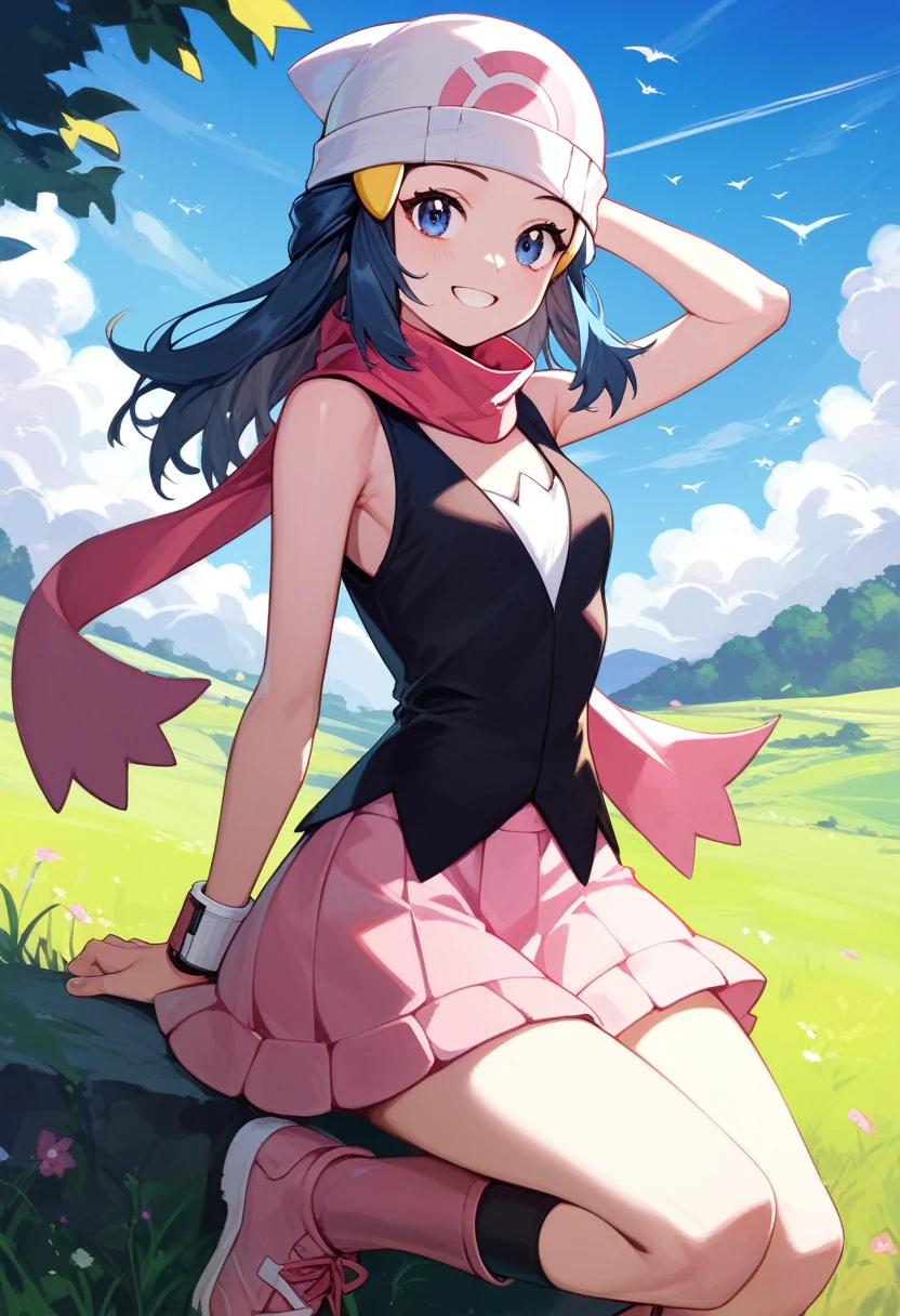 masterpiece, Best Quality, 1 girl, dawn \(Pokémon\), cap, by the wide, For the blue, blue eyes, Black sleeveless shirt, pink scarf, pink skirt, pink boots, smile, looking at the viewer, field background,sexy