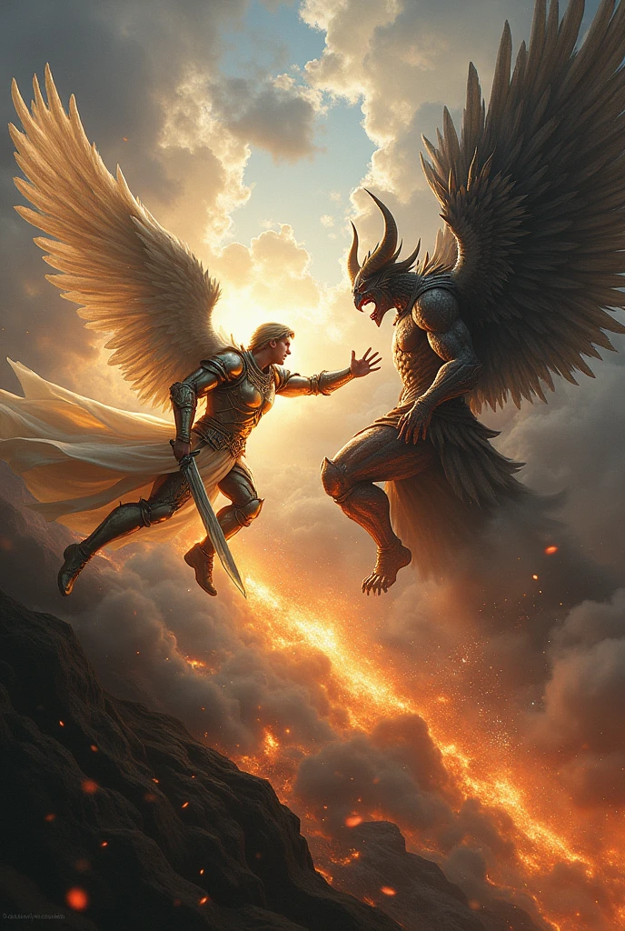 Create an image that describes Saint Michael the Archangel's struggle with Satan, where Saint Michael the Archangel wins in a realistic way.