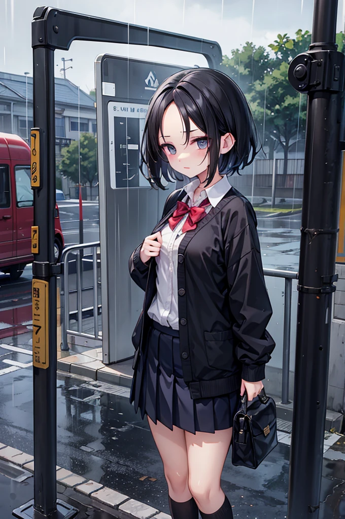 girl ,Black Hair ,short hair ,forehead,forehead,forehead,small breasts,rain,bus stop,school uniform,wet clothes