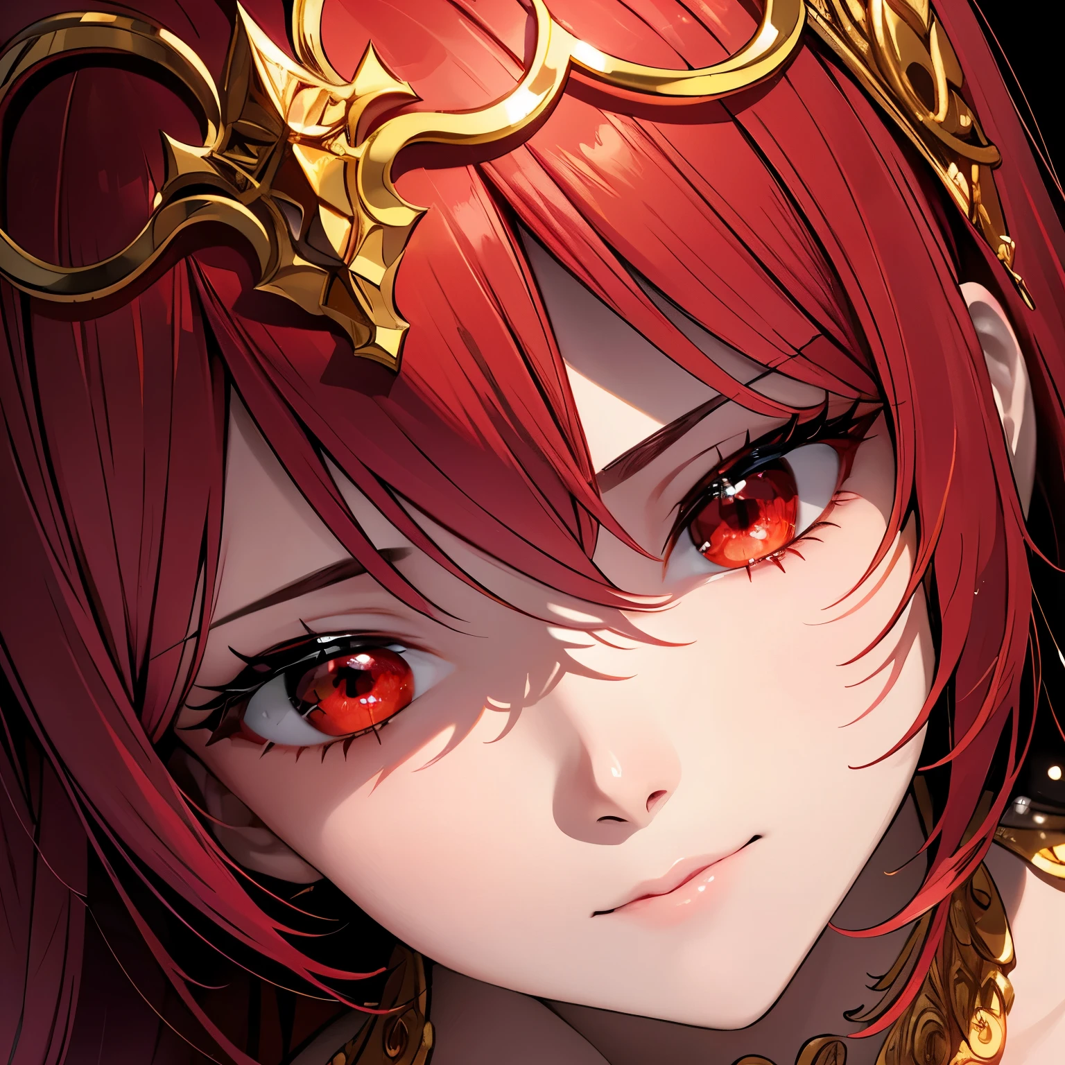 Woman1, face close-up, detailed eyes close-up, bright glowing red eyes, beautiful detailed face, gold necklace, detailed red hair, high detail, better resolution, detailed face and eyes