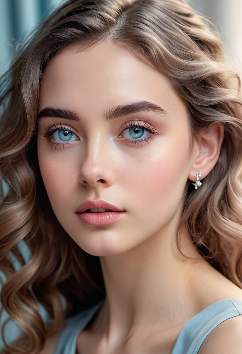 A young woman of striking beauty, with clear and smooth skin, long wavy hair in a pastel blue shade, falling gently over the shoulders. Her large, expressive eyes are a deep blue, with long, curled eyelashes. She has well defined eyebrows and full lips., painted in soft pink, sketching a faint smile. She wears small, sparkling earrings that complement her delicate face.. Her expression is calm and confident, with a direct and penetrating look at the camera. The background is blurred in soft tones, further highlighting its elegant presence. 8 k quality, realistic styling, soft lighting that highlights facial features perfectly.