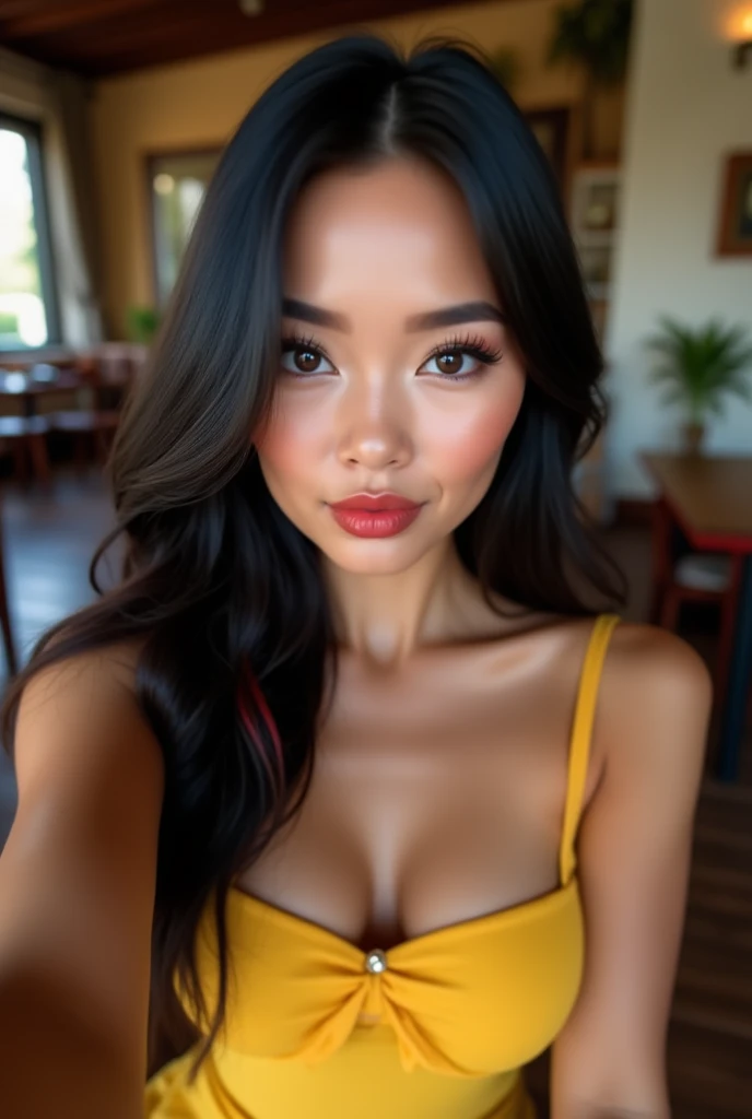 a sexy selfie of a woman with a long black hair, posing cutely inside a cafe , wearing a cute yellow uzzlang inspired sundress, she has cute dimples, natural lighting, she has deep blue eyes, she has a tanned skin, her makeup is bold, at home and at night, doing a sily pose, sitting, low angle selfie, she has red highlights on her hair, she has big breasts