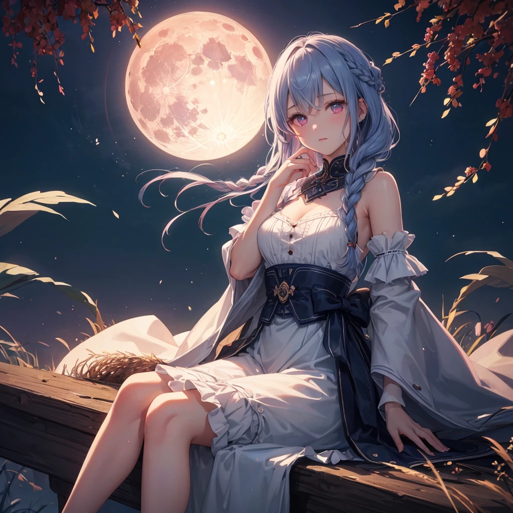 (Braiding),(Sky blue medium hair), (Pink eyes),(Fair skin)  ,(whole body),(One Girl),(harvest moon),(A large amount of Miscanthus sinensis in the background),autumn,(full moon),(masterpiece, Highest quality, Very detailed, Best Shadow), (Detailed Background), (Beautifully detailed face), High Contrast, (Best lighting, Very delicate and beautiful), ((Cinematic Light)), Hyper Detail,8k, Dramatic Light, Intricate details