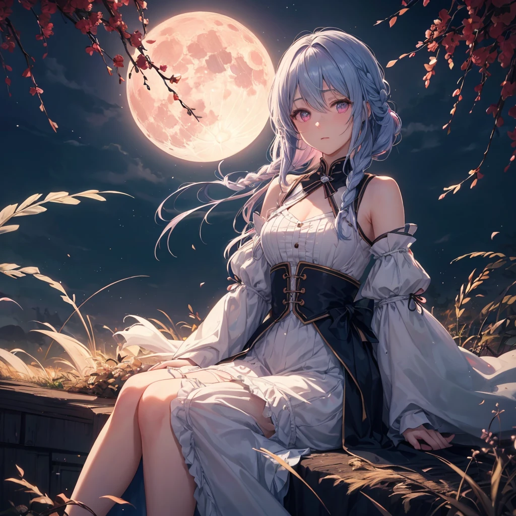 (Braiding),(Sky blue medium hair), (Pink eyes),(Fair skin)  ,(whole body),(One Girl),(harvest moon),(A large amount of Miscanthus sinensis in the background),autumn,(full moon),(masterpiece, Highest quality, Very detailed, Best Shadow), (Detailed Background), (Beautifully detailed face), High Contrast, (Best lighting, Very delicate and beautiful), ((Cinematic Light)), Hyper Detail,8k, Dramatic Light, Intricate details