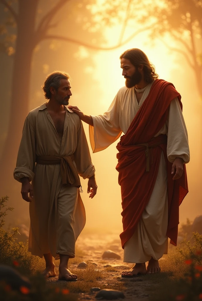 Jesus pause une mains sur l’épaule d’un homme qui avance sur la gauche