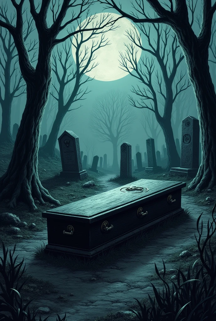 A Tim Burton style drawing of a coffin in a Tim Burton style gothic graveyard, darkness, negro
