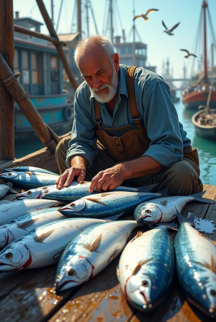 Hoisting a lot of horse mackerel、A balding man neatly arranges them at the fishing port.