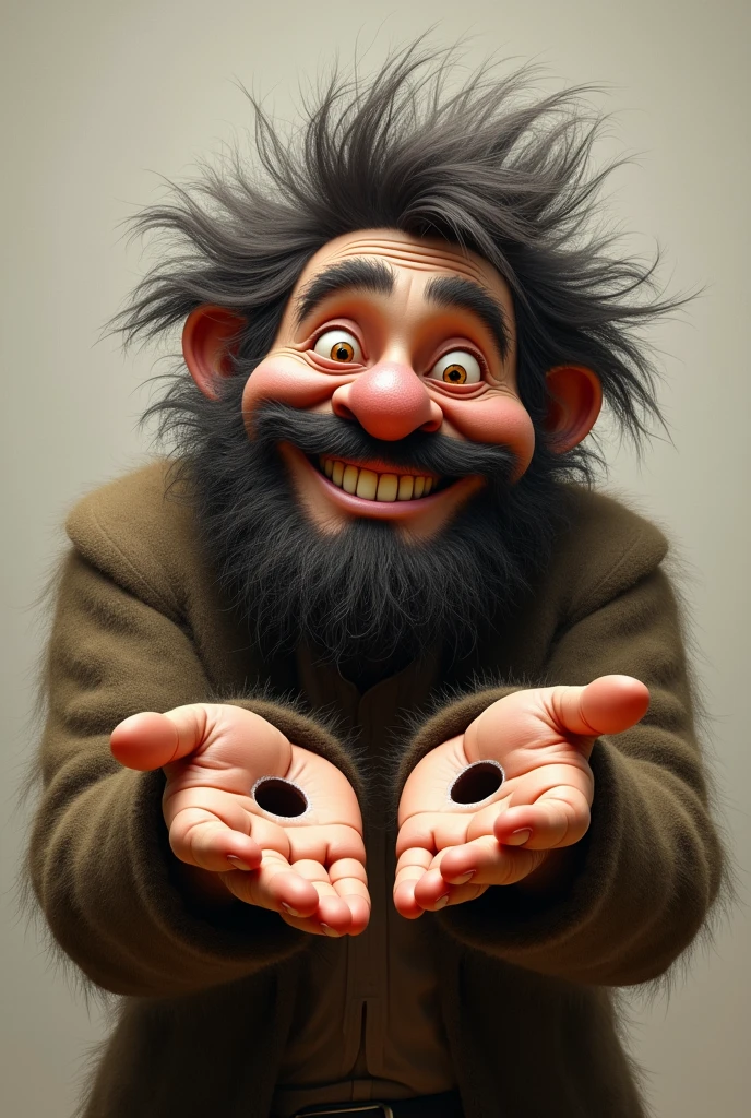 Create an image of a hairy man with a smile on his face and holes in his hands 