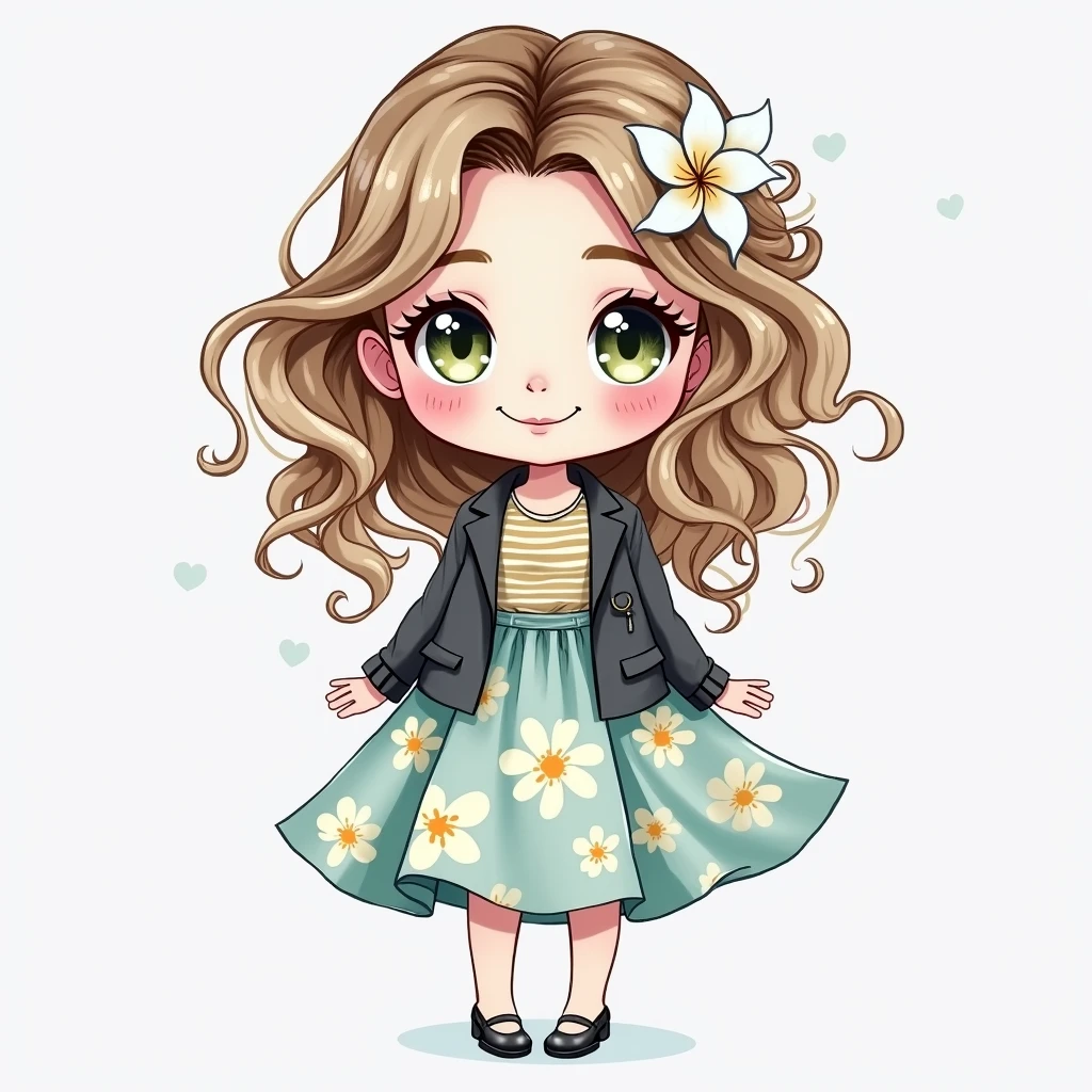 chibi, Watercolor illustration, centered art. The image shows a charming Russian woman with long, curly blonde hair blowing in the wind, she is in a designer style looking at the camera. She is dressed in a black jacket and floral skirt, with a striped blouse underneath, adding a touch of color to her look. A white flower adorns her head, complementing her look. She is standing against a white background.