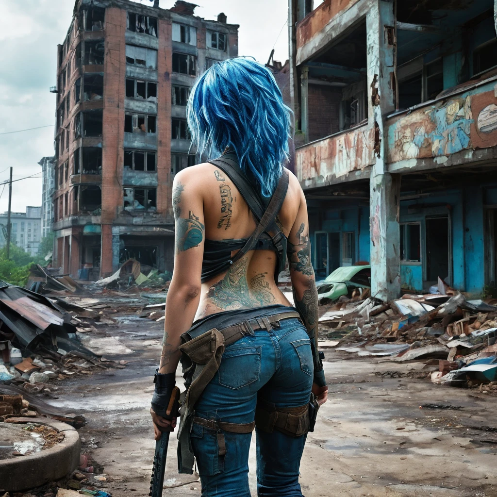 1 girl, beautiful biracial woman with blue hair,blue eyes, extremely detailed full body , look back, Résolution Haute, post apocalyptic building city, survivor dirty clothes, last of us infected, nature on building ,De Derrière, large round butt, machete on back