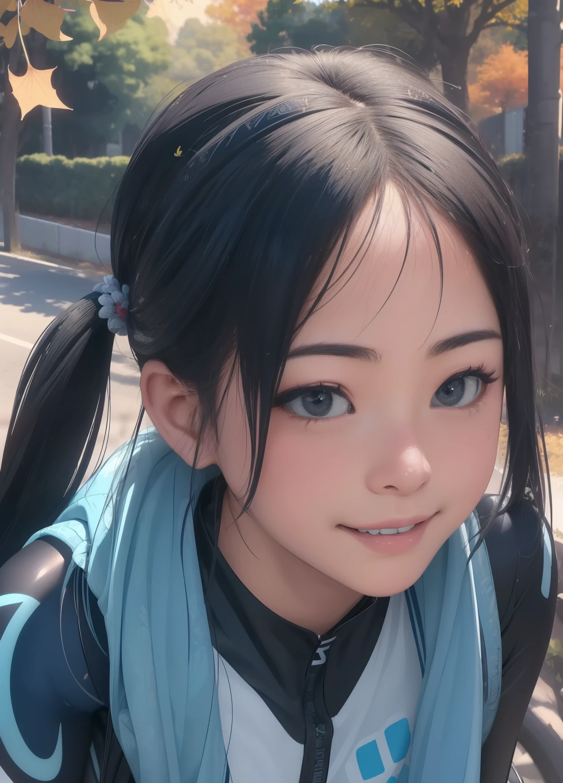 (masterpiece、Highest quality、Highest quality、Official Art、Beautiful and beautiful:1.2)、(One girl:1.3)Hatsune Miku、Twin tails,Beautiful breasts, Katsushika Hokusai,(Realistic), (Intricate details: 1.2), (Tabletop: 1.3), (Highest quality: 1.4), (Ultra high resolution A: 1.2), Ultra high resolution A, (Detailed eyes), (Detailed face), Dramatic lighting, Sharp focus, 1 Beautiful Girl,Beautiful Japanese Idols,(Road Bike Racing Uniform),age girl with perfect bike ride,In addition々Cowardly face, Beautiful Face, smile,Big Ass,Perfect hands,Beautiful legs,(Ride a road bike:1.2),Ginkgo tree with leaves,Autumn blue sky,Observe your audience,