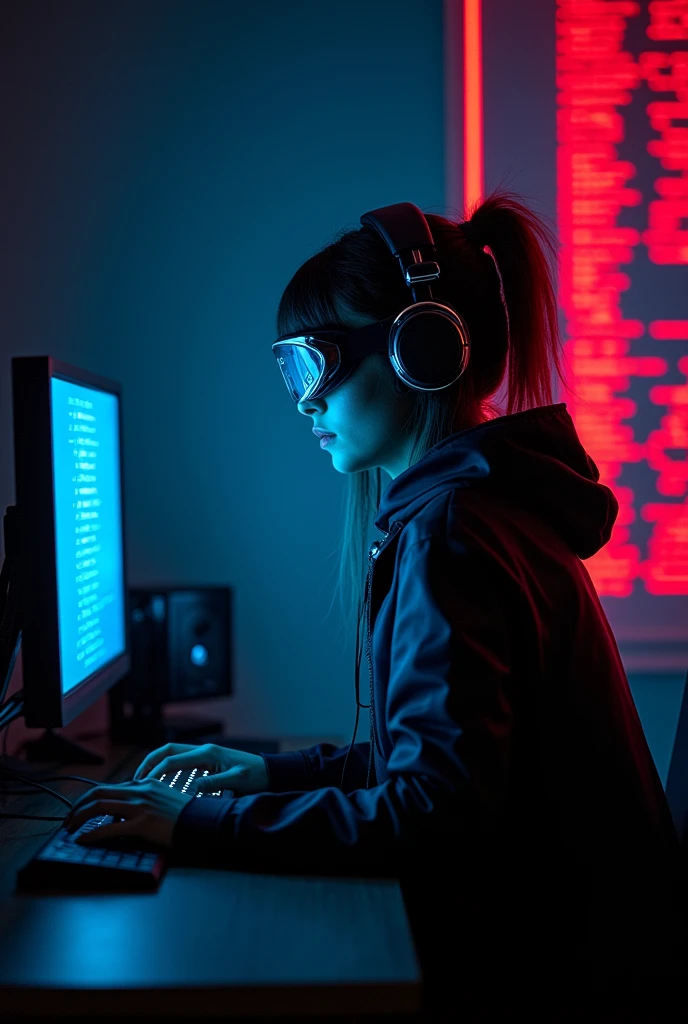 ((Highest quality)), ((masterpiece)), (Very detailed: 1.3), Dark Room, Black Neon, Beautiful Cyberpunk Woman, (Wear a thick, high-tech head-mounted display: 1.2), wear a cape, Hacking a computer terminal, blue neon light from monitor, red neon code on the wall,