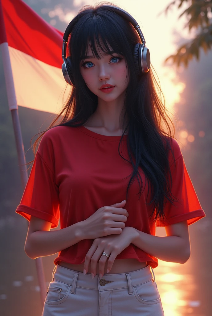 best quality, tmasterpiece, Ultra-high resolution, Clear face, （Reality： 1.4）, perfect lighting,(photorealistic: 1.50), anime wallpaper, Guviz style artwork , fantasy cover up to magic , by Yang J, Guviz, beautiful artwork illustration, beautiful digital artwork, beautiful digital illustration, Li Song, beautiful anime portrait, art style at Beauvot,illustration, ethereal and beautiful, highly detailed, CG, unity, 8k wallpaper, Amazing, fine detail, masterpiece, best quality, official art, highly detailed CG unity 8k wallpaper,absurd, extremely absurd, large file size, highly detailed , high resolution, very detailed,beautiful girl with details, very detailed eyes and face, beautiful detailed eyes,light on the face,cinematic lighting, 1girl, (black hair:1.3), long hair, Bangs, Headphone, blue eyes, (Red T-shirt), (White pants), standing, full body, (looking at viwer:1.3), smile, Holding the Indonesian flag, Red and white flag,