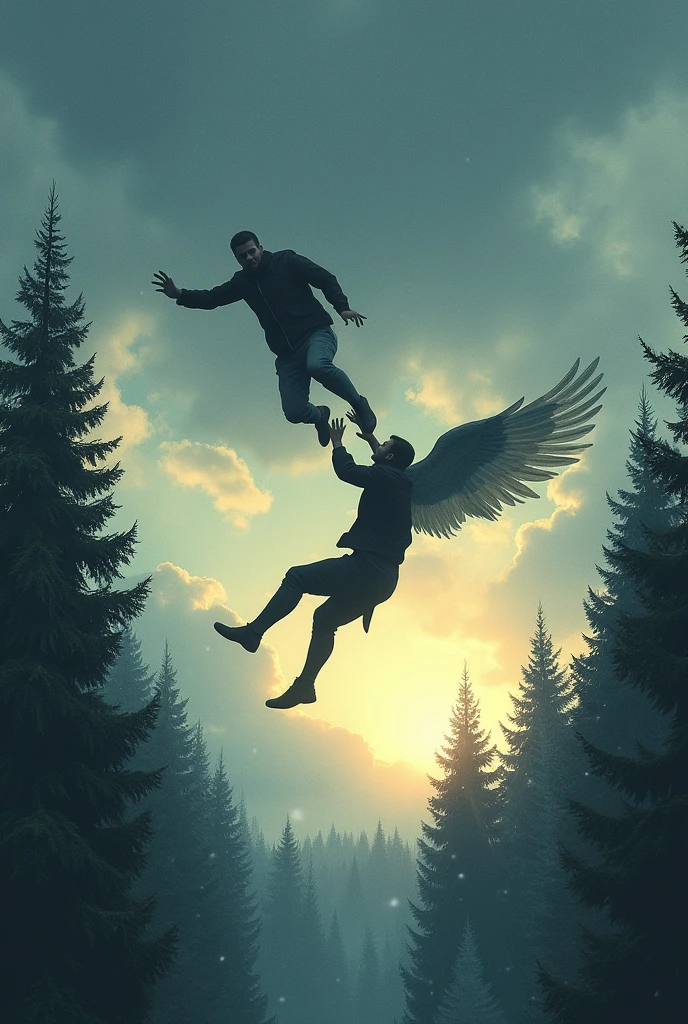 Book cover with a man falling from the sky, Below it there is a pine forest. A man with wings tries to reach him and above him there are many clouds with a light sunset, It&#39;s snowing a little and you can see the snowflakes in the distance, They are both dressed in black and the one who is falling is lying on his back, unconscious. 