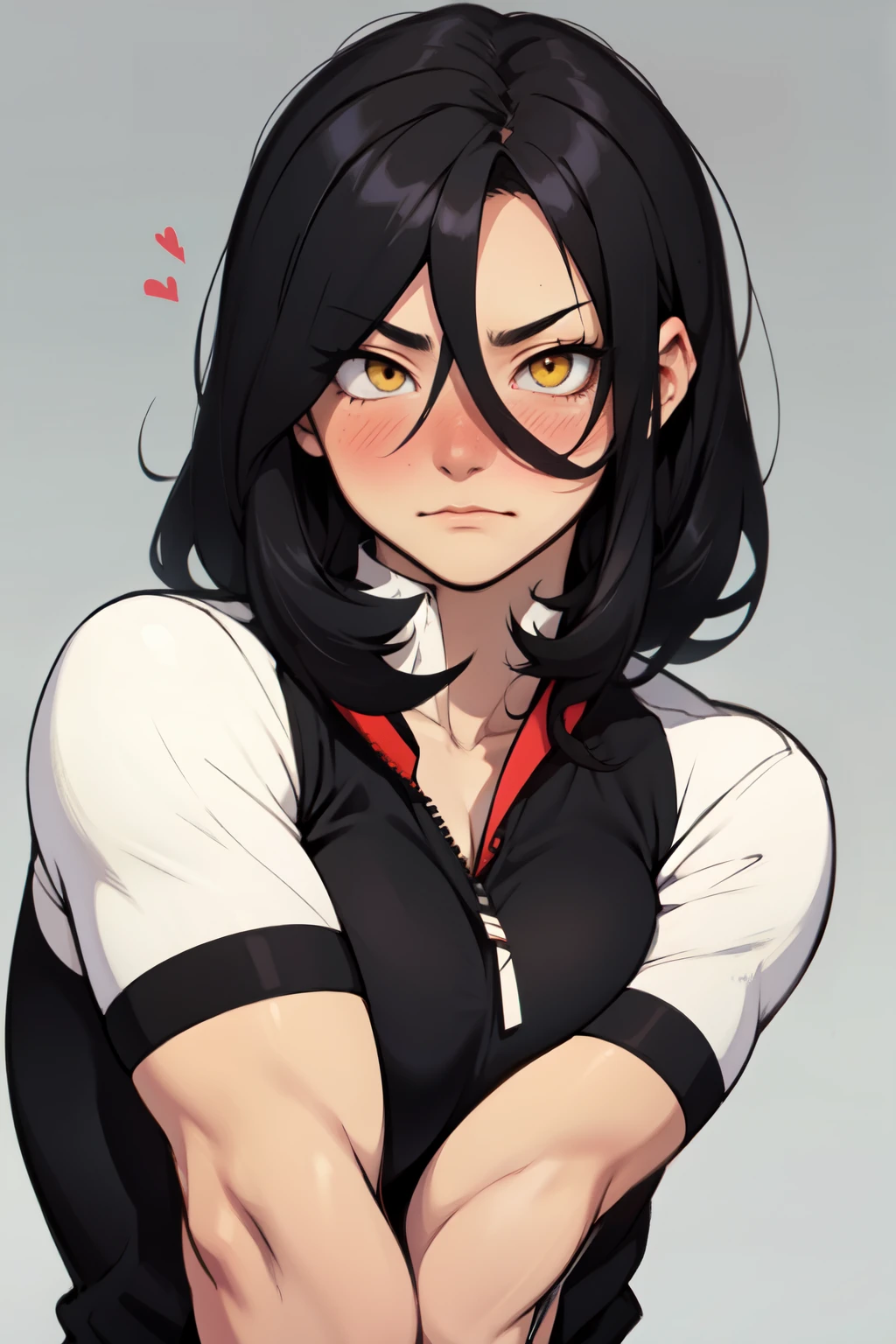 muscular woman with large breasts black hair yellow eyes pale skin empty eyes embarrassed blush