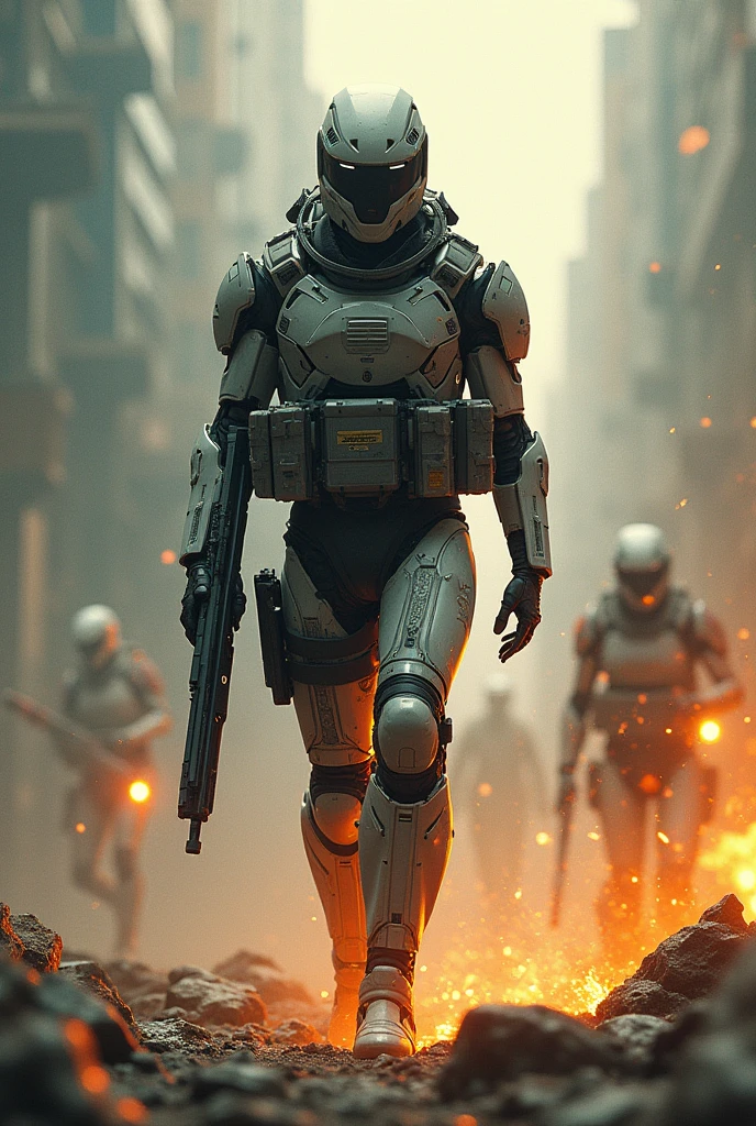 editorial photography,super detailed background,Super realistic,double exposure,depth of field,beauty super slender skinny vibes,soft focus flashy colors tone,narrative scene,acrylic paint,high-contrast multilayer structure Good_breathability luminous cyborg with a Detailed camouflage body,military action,large heavy weapon,