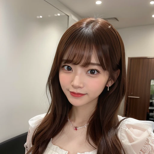 masterpiece, Best Quality,, Ultra-detailed, finely detail, hight resolution,1girl, blunt bangs, smile, blush, bed, breasts, white princess dress, sitting、nogizaka、Beautiful brown eyes:1.3、17-year-old, red head, absurdrez, sensual, elegante, charm, shiny skin, dinive, red enamel, jewelry, full body, ultra detali, high qualiy, work of art, face detailed, gorgeous eyes(detailedeyes), a face of perfect proportions