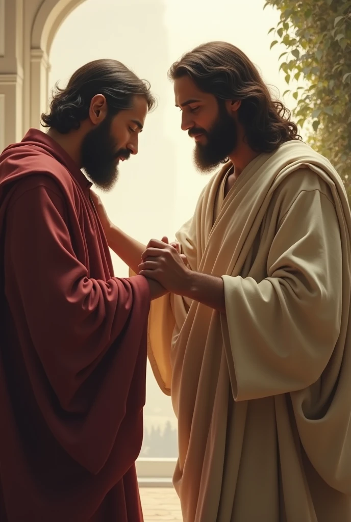Jesus places a hand on the shoulder of a man who is advancing in profile on the left