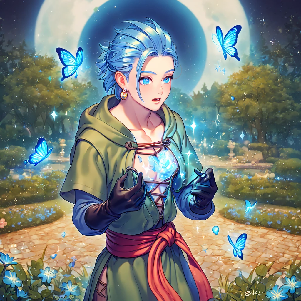 absurdres, highres, ultra detailed, HDR, master piece, best quality, extremely detailed, Erik, light-blue hair, hair slicked up, ruffled hair, expressive blue eyes, Dragon Quest XI, solo, sexy man, handsome, sensual, ?????, hooded dark green tunic with lacing that exposes his chest, a red sash tied around his waist, golden earring, black gloves, fantasy, magic, sparkling, water, blue moon, blue flowers, blue butterflies, blue petals, garden