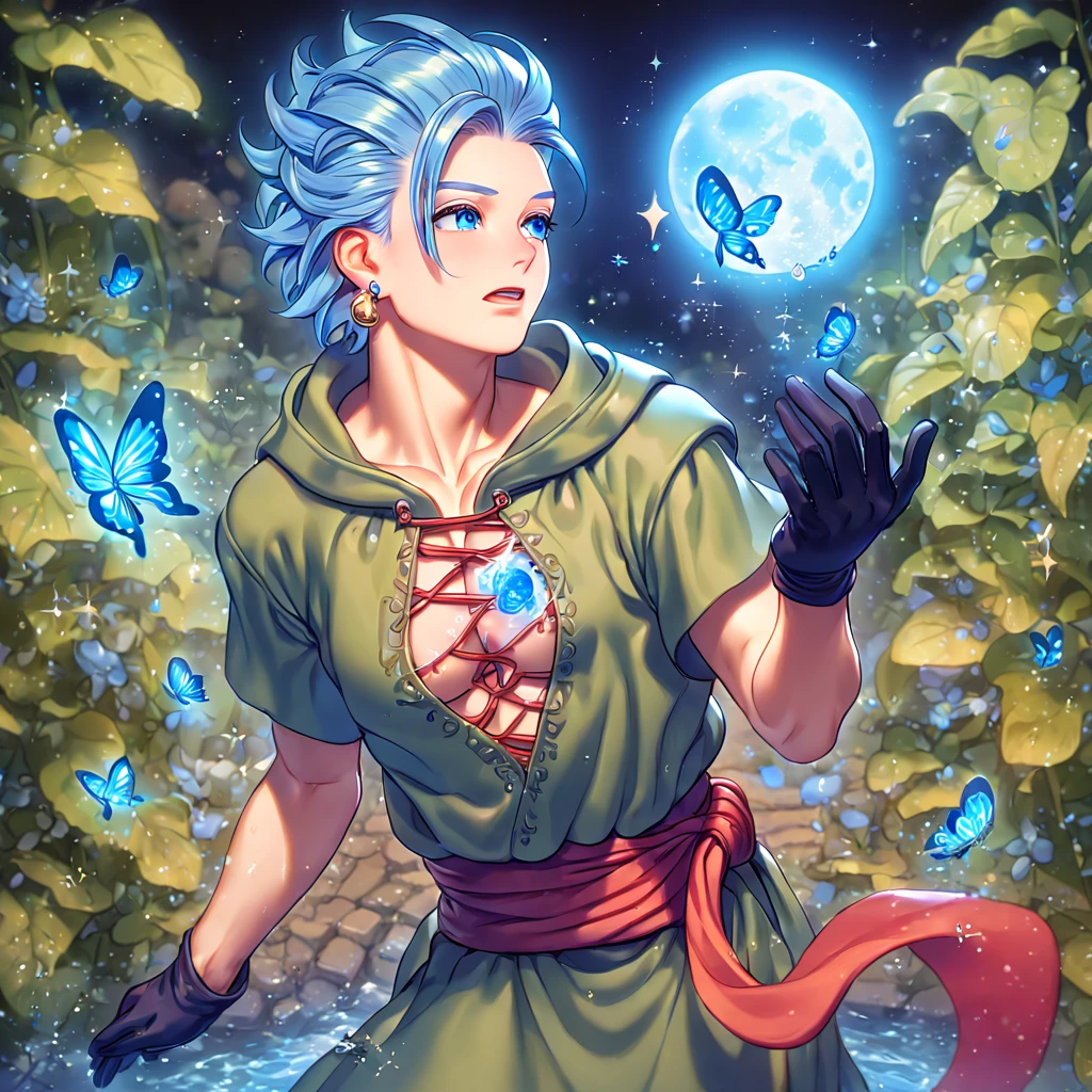 absurdres, highres, ultra detailed, HDR, master piece, best quality, extremely detailed, Erik, light-blue hair, hair slicked up, ruffled hair, expressive blue eyes, Dragon Quest XI, solo, sexy man, handsome, sensual, horny, hooded dark green tunic with lacing that exposes his chest, a red sash tied around his waist, golden earring, black gloves, fantasy, magic, sparkling, water, blue moon, blue flowers, blue butterflies, blue petals, garden