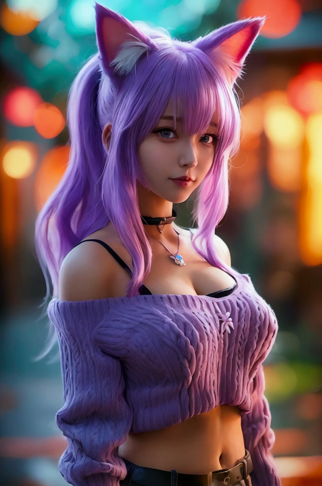 realistic super girl, work of art, best qualityer, 1 girl, ((looking ahead at viewer)), lilac hair, purples eyes, long hair, Ahoge, sweater, sweater skirt, pantyhose, 163cm, hair between the eyes, breasts big, grown-up, 33 years old, mellow, cups, standing alone, single, ssmile, Cat's ears, cat tail, tusk, catgirl, animal ears
