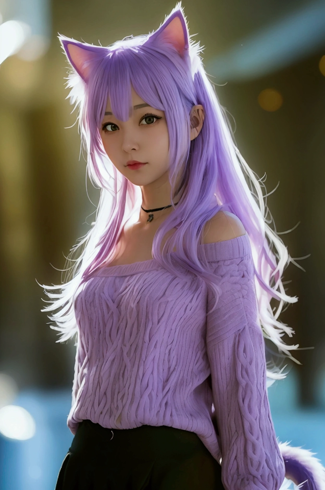 realistic super girl, work of art, best qualityer, 1 girl, ((looking ahead at viewer)), lilac hair, purples eyes, long hair,  Ahoge, sweater, sweater skirt, pantyhose, 163cm, hair between the eyes, breasts big, grown-up, 33 years old, mellow, cups, standing alone, single, ssmile, Cat's ears, cat tail, tusk, catgirl, animal ears