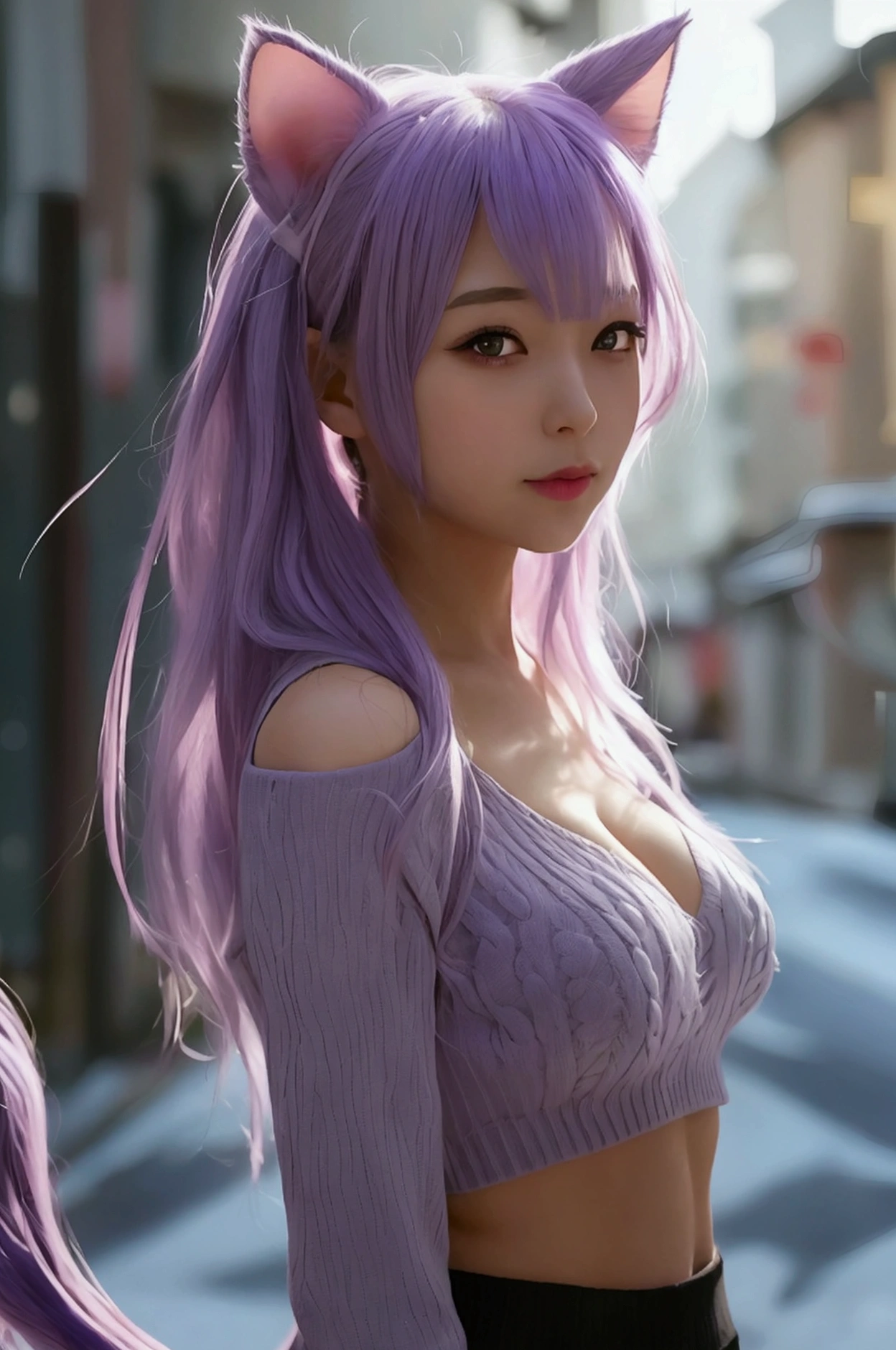 realistic super girl, work of art, best qualityer, 1 girl, ((looking ahead at viewer)), lilac hair, purples eyes, long hair,  Ahoge, sweater, sweater skirt, pantyhose, 163cm, hair between the eyes, breasts big, grown-up, 33 years old, mellow, cups, standing alone, single, ssmile, Cat's ears, cat tail, tusk, catgirl, animal ears