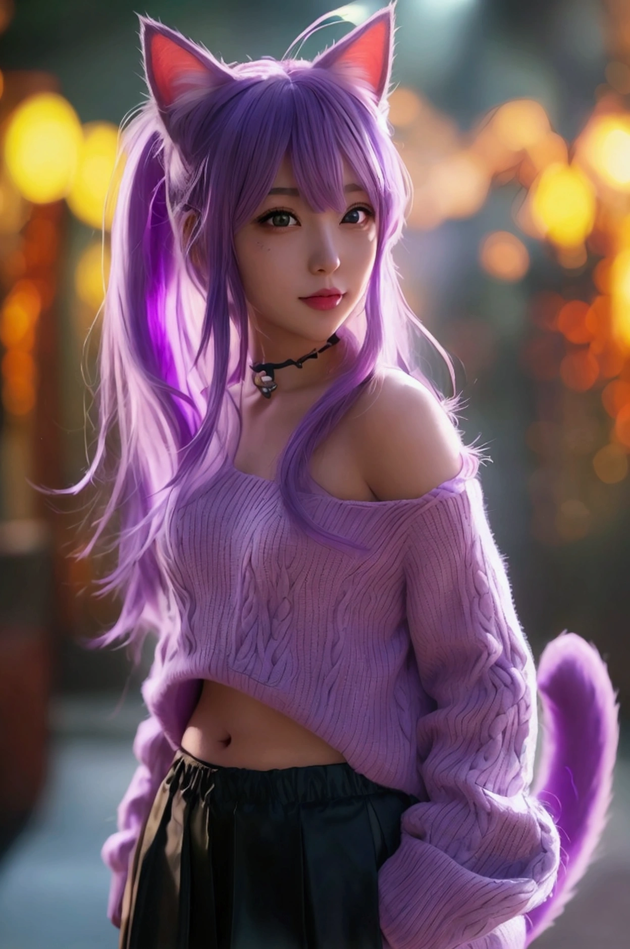 realistic super girl, work of art, best qualityer, 1 girl, ((looking ahead at viewer)), lilac hair, purples eyes, long hair, Ahoge, sweater, sweater skirt, pantyhose, 163cm, hair between the eyes, breasts big, grown-up, 33 years old, mellow, cups, standing alone, single, ssmile, Cat's ears, cat tail, tusk, catgirl, animal ears