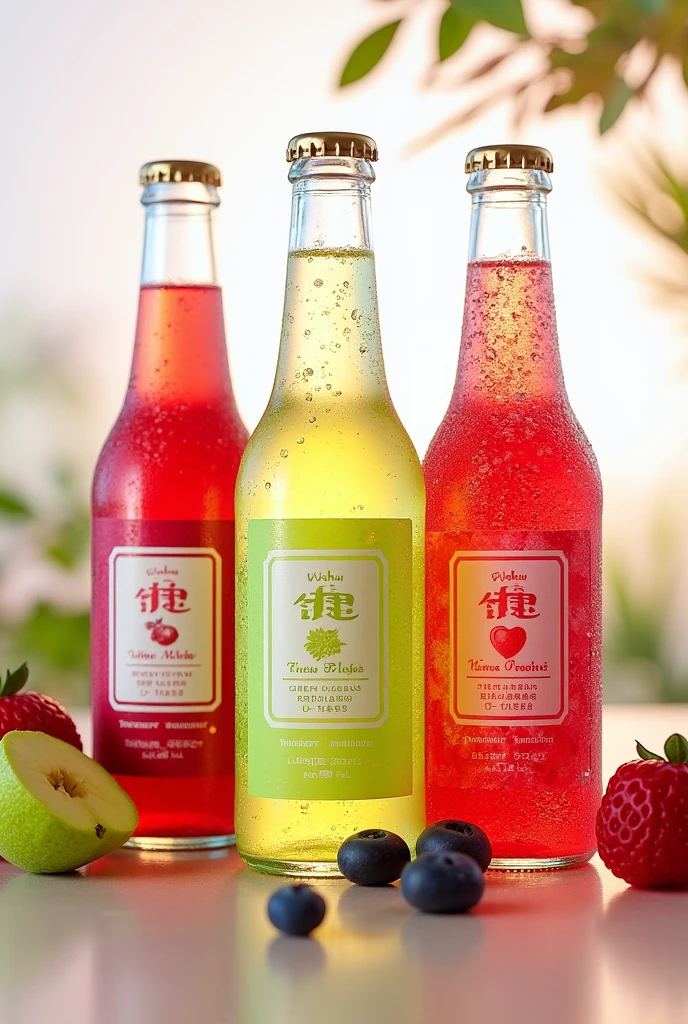 Sparkling beverage product in plastic bottle, 3 bottles, 3 flavors: Bottle 1, red grape flavor; Bottle 2, green apple flavor; Bottle 3, mixed berry flavor. Product name: Waku Waku
