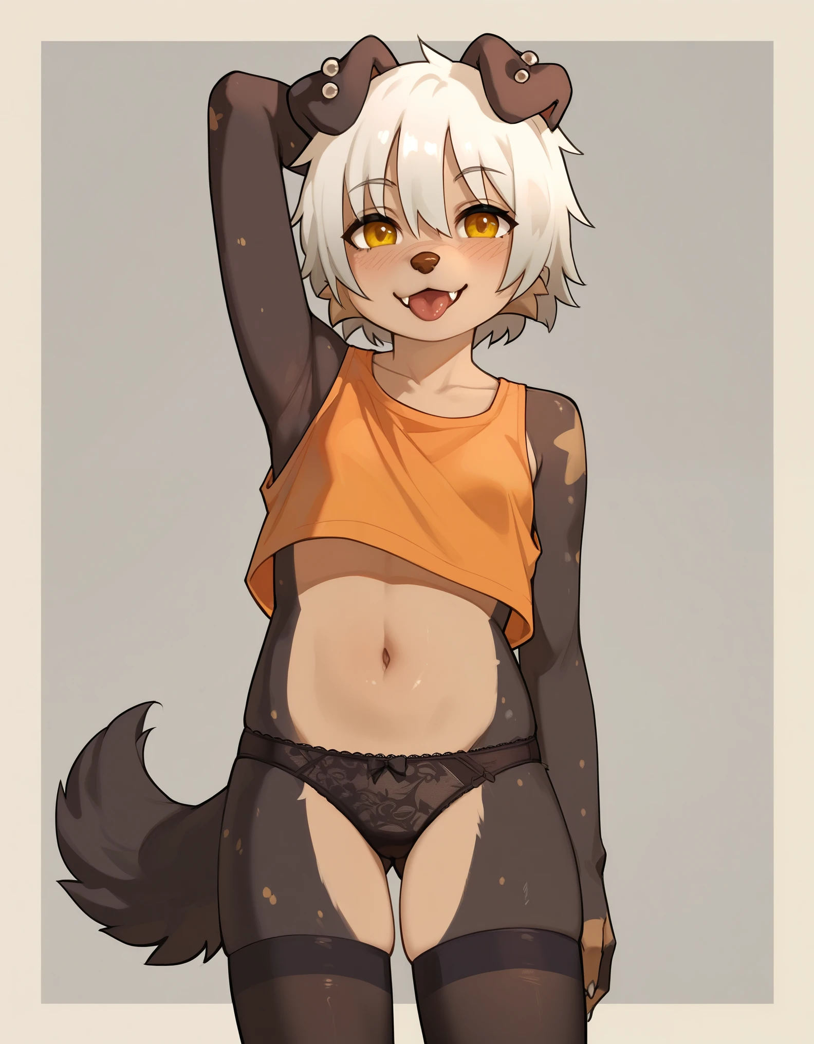 score_9, score_8_up, score_7_up, score_6_up, rating_safe, furry, puppyemonade \\\\(artist\\\\), 1girl, mammal, solo, clothing, anthro, animal ears, tail, canid, furry female, female, canine, panties, furry, underwear, dog ears, navel, black panties, thighhighs, dog tail, hair, domestic dog, blush, yellow eyes, looking at viewer, canis, dog girl, open mouth, clothed, breasts, arm behind head, legwear, crop top, tongue, small breasts, white hair, black thighhighs, fangs, short hair, arm up, piercing, smile, fur, topwear, cowboy shot, body fur, grey hair, midriff, tank top, hair between eyes, claws, animal nose, collarbone,