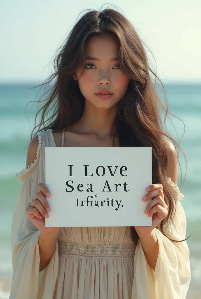 Beautiful girl with wavy long hair, bohemian dress, holding a white board with text "I Love Seaart Infinity" and showing it to the viewer