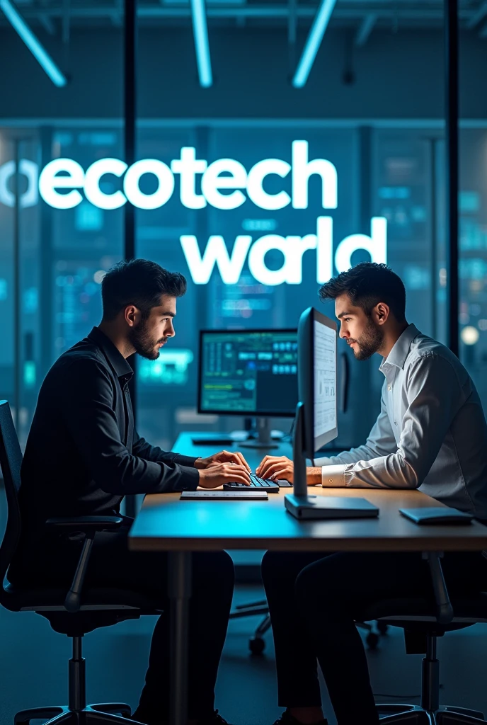 An image of two men each at a computer with the words decotech world as a background